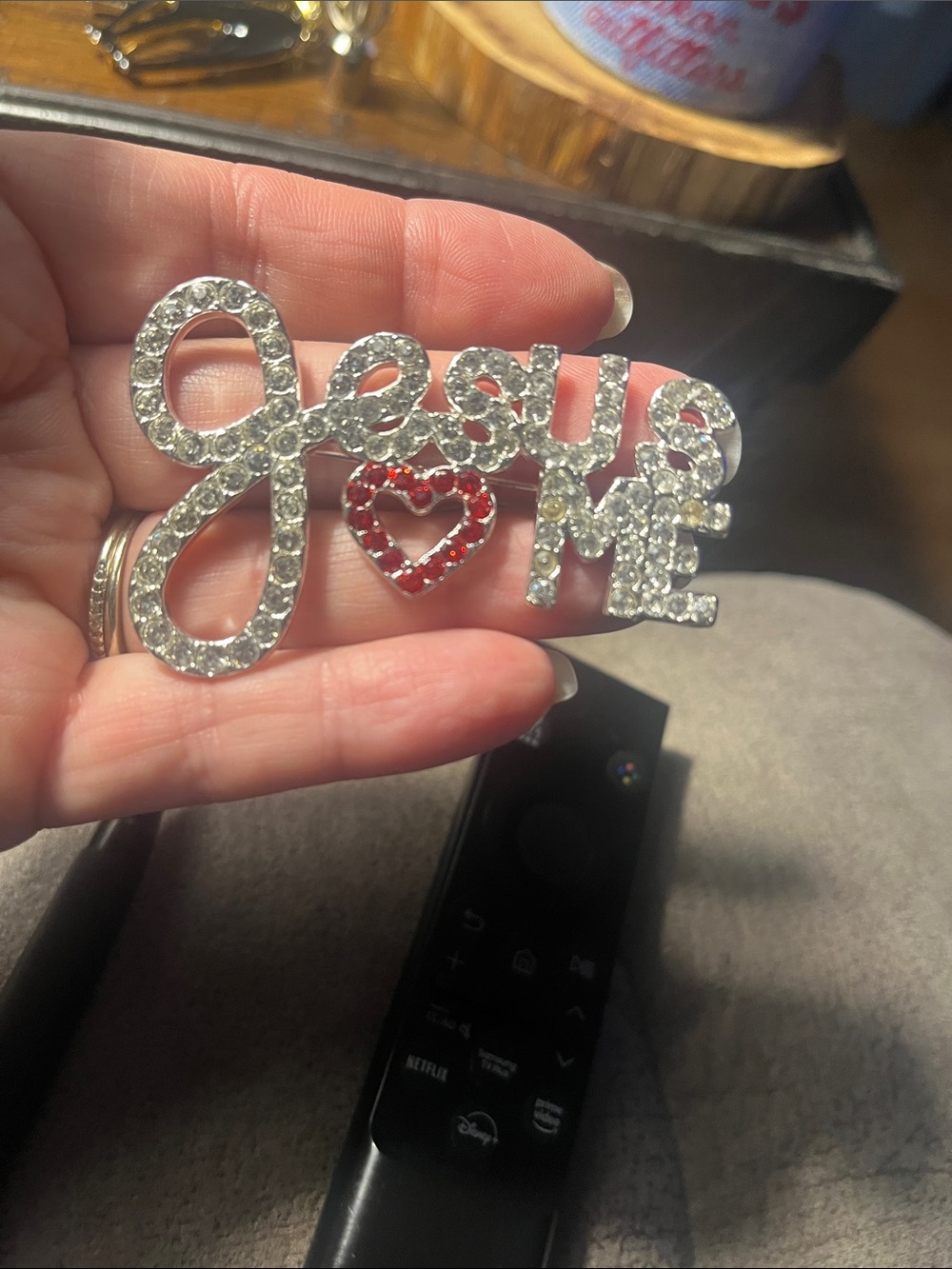 Rhinestone 'Jesus Loves Me' Phone Charm - Silver with Red Heart